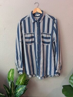 Blue Striped Button Down Shirt | Classic Preppy Lightweight Top Size L